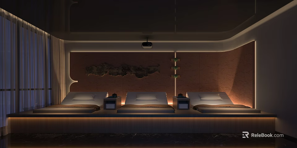 Luxury Modern SPA Sauna With Three Lounge Chairs Wooden Walls Decorative Painting And Soft Lighting 3d model 