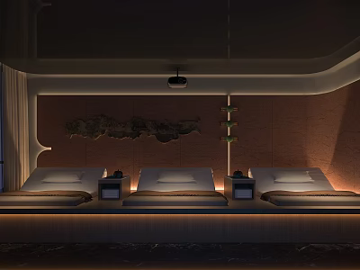 Luxury Modern SPA Sauna With Three Lounge Chairs Wooden Walls Decorative Painting And Soft Lighting 3d model