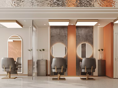 Warm Stylish Beauty Hair Salon Interior Design With Comfortable Styling Chairs And Backlit Mirrors 3d model