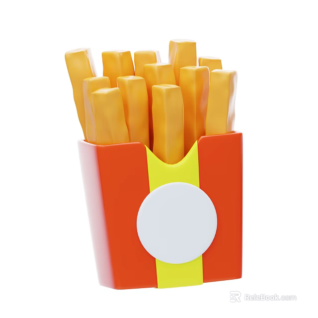 Crispy French Fries in Red and Yellow Paper Box With White Circular Label 3d model 