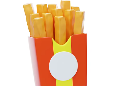 Crispy French Fries in Red and Yellow Paper Box With White Circular Label 3d model
