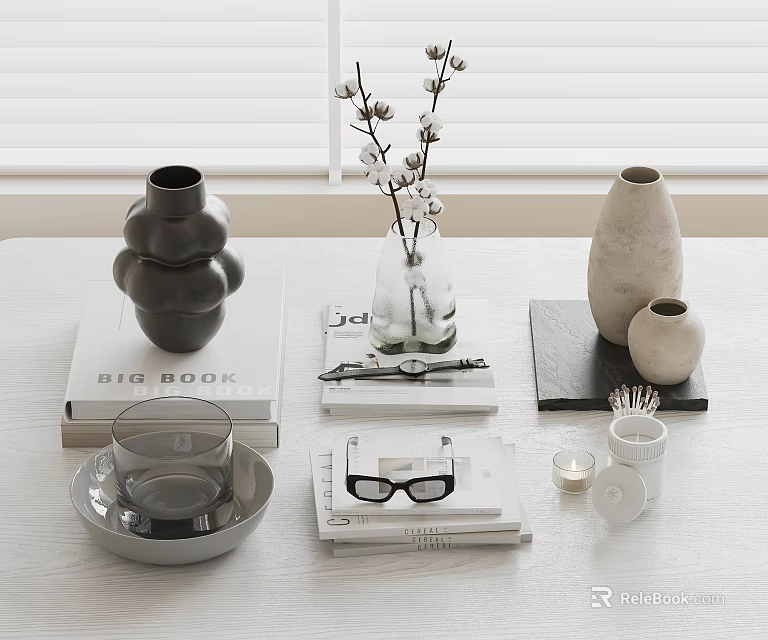 Modern Decorative Ornament Set Including Vases Books Glasses Tray And Candle On White Table 3d model 