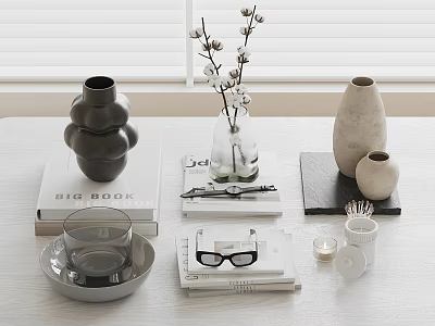 Modern Decorative Ornament Set Including Vases Books Glasses Tray And Candle On White Table 3d model