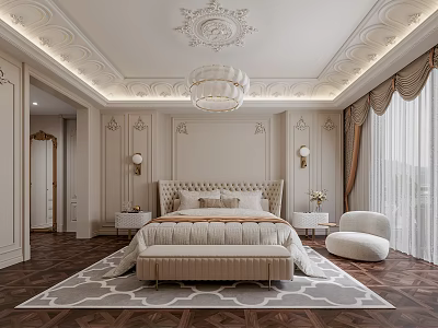 Luxurious Bedroom Interior With Decorative Ceiling Chandelier Upholstered Headboard And Area Rug 3d model