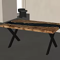 Contemporary Wooden Dining Table With Natural Edge Top And Black Metal X Legs Design