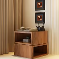 Walnut Wood Side Table With Tea Set Teacups On Tray Near Curtains And Framed Art