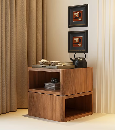 Walnut Wood Side Table With Tea Set Teacups On Tray Near Curtains And Framed Art 3d model