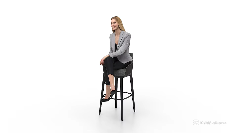 Professional Woman In Business Attire Sitting On Modern Bar Stool With Simple Background 3d model 
