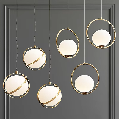 Modern Pendant Lights With Gold Circular Frames And White Globe Shades 3d model Modern Pendant Lights With Gold Circular Frames And White Globe Shades 3d model