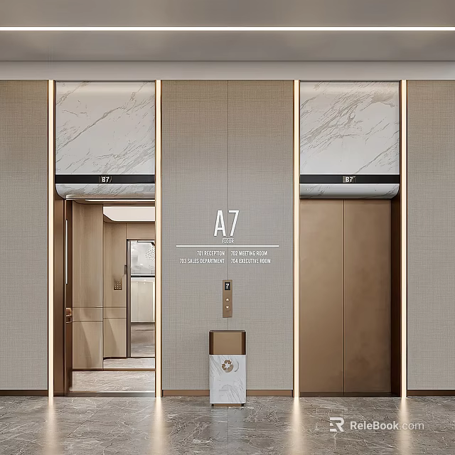 Modern Elevator Design With A7 Number And Marble Panel Decorative Details 3d model 