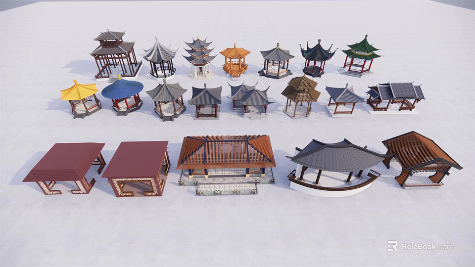 Traditional Chinese Pavilion Models With Diverse Roof Styles And Colorful Designs 3d model 