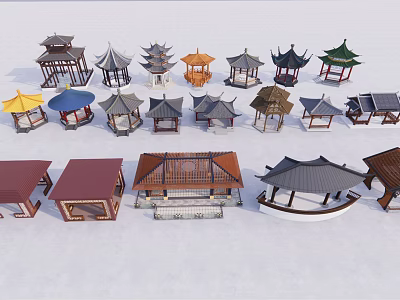 Traditional Chinese Pavilion Models With Diverse Roof Styles And Colorful Designs 3d model