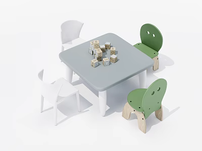 Gray Kids Table with White and Green Chairs and Wooden Building Blocks for Toddlers 3d model