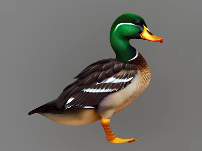 Aquatic Animal Mallard Duck Standing With Green Head Orange Bill Orange Feet Brown White Feathers 3d model