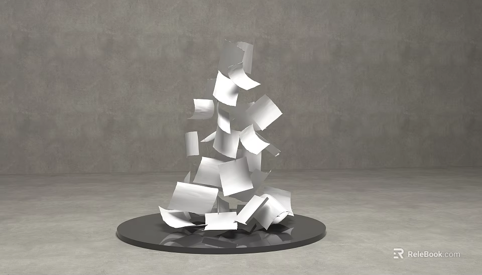 Modern Silver Geometric Sheet Stacked Art Installation With Black Circular Base 3d model