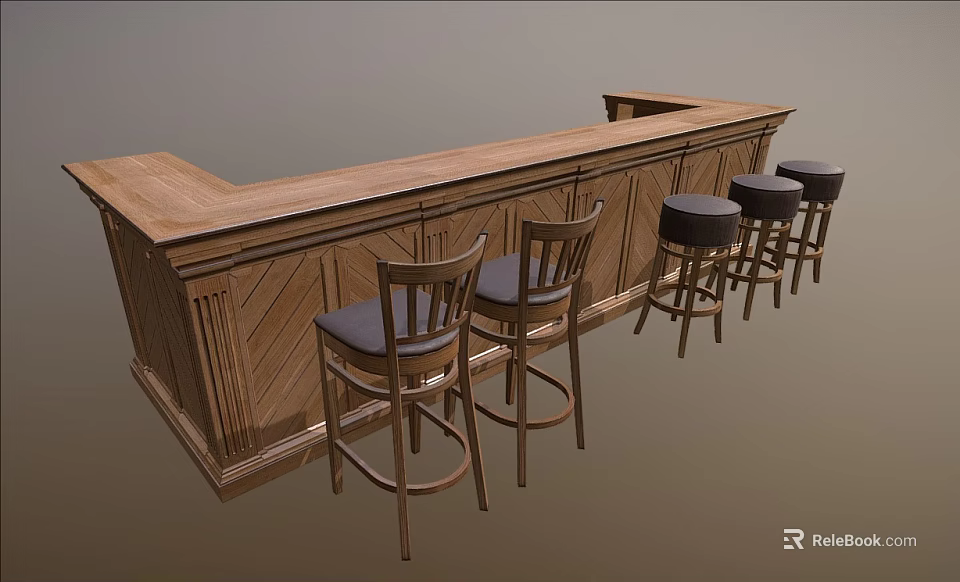 Wooden Bar Counter Design With Long Top And Matching Dark Bar Stools 3d model 