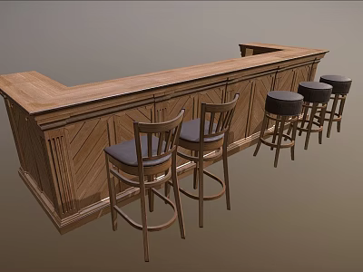 Wooden Bar Counter Design With Long Top And Matching Dark Bar Stools 3d model