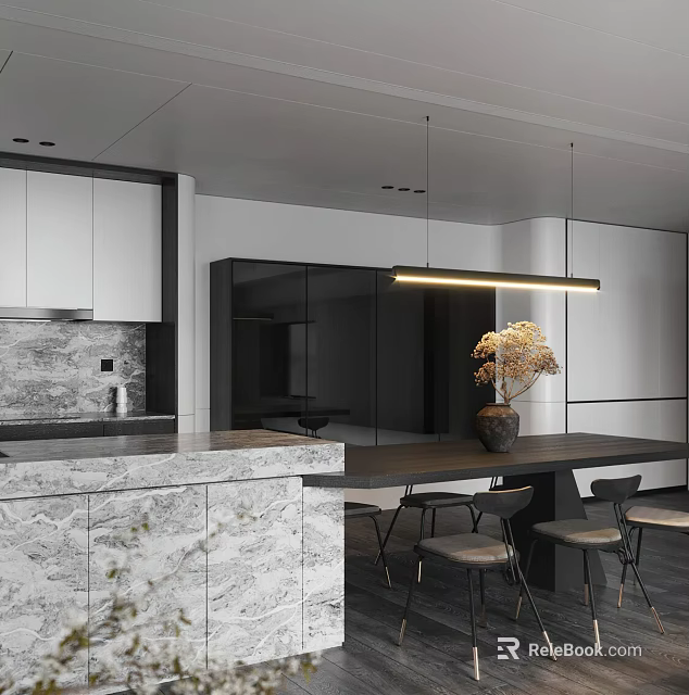 Modern Dining Room Interior With Minimalist Design And Pendant Light 3d model