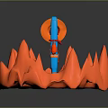 Blue Game Movie Character With Red Eyes And Orange Accessory In Red Flame Like Surroundings