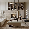 Modern Living Room Interior Design With Beige Sofa Fireplace Area Rug And Built-in Bookshelves