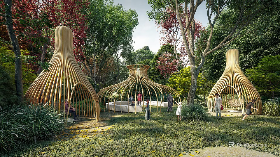 Serene Garden Landscape with Mushroom Shaped Wooden Pavilions Green Red Foliage and People Relaxing 3d model 