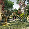 Serene Garden Landscape with Mushroom Shaped Wooden Pavilions Green Red Foliage and People Relaxing