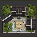 Cartoon Scene Of Traditional Chinese Architecture Courtyard With Curved Roofs Green Plants And Decorative Figures
