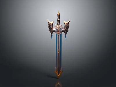 Fantasy Sword Weapon With Golden Accents Blue Blade And Wing Shaped Hilt 3d model
