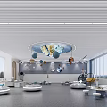 School Science Classroom with Starry Sky Ceiling Hanging Planet Models Round Tables and Large Windows 3d model