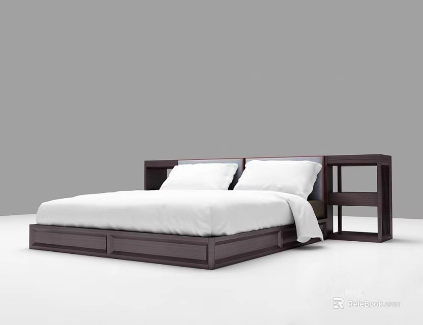 Modern Double Bed With Dark Wood Frame White Mattress And Side Shelf 3d model 