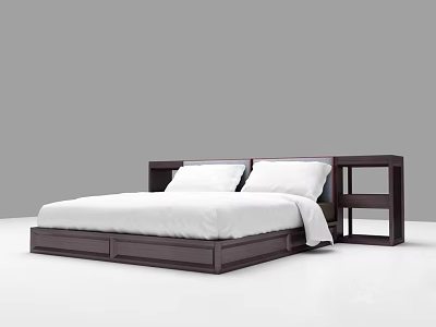 Modern Double Bed With Dark Wood Frame White Mattress And Side Shelf 3d model