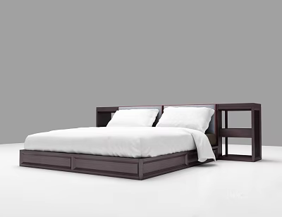Modern Double Bed With Dark Wood Frame White Mattress And Side Shelf 3d model