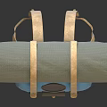 Blue Backpack With Beige Straps Rolled Green Item Round Emblem And Small Brown Pocket