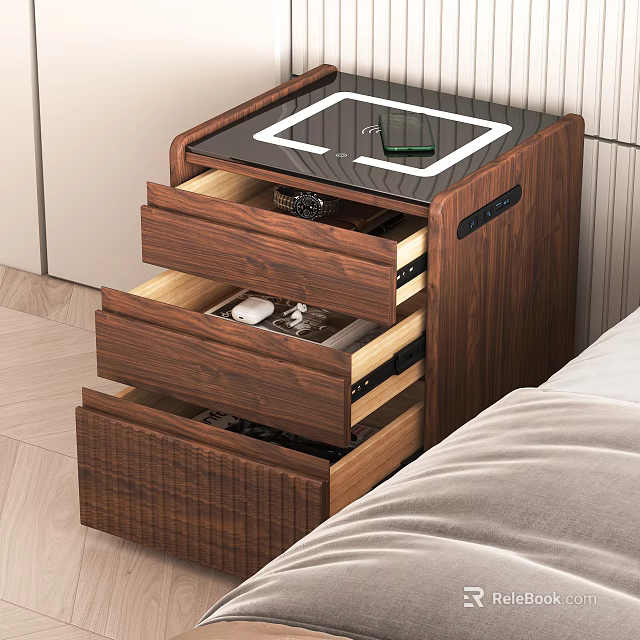 Modern Wooden Bedside Table With Three Open Drawers And Top Surface 3d model 