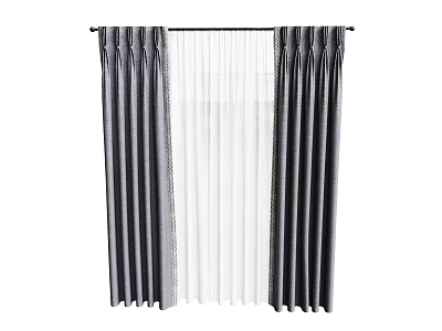 Double Layer Window Curtains Featuring Dark Pleated Panels And White Sheer Inner 3d model