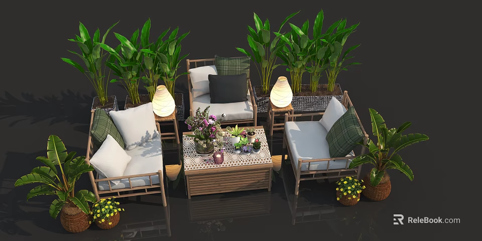 Comfortable Outdoor Sofa Set With Green Plants Coffee Table And Soft Cushions 3d model