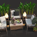 Comfortable Outdoor Sofa Set With Green Plants Coffee Table And Soft Cushions 3d model
