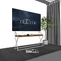 Large Screen TV Mounted On Wall With Wooden Metal Stand Green Plant And Grey Rug