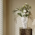 White Flowers In Spiral Pattern Vase On Wooden Stand With Sunlight Shadows On Neutral Wall