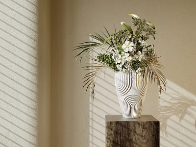 White Flowers In Spiral Pattern Vase On Wooden Stand With Sunlight Shadows On Neutral Wall 3d model