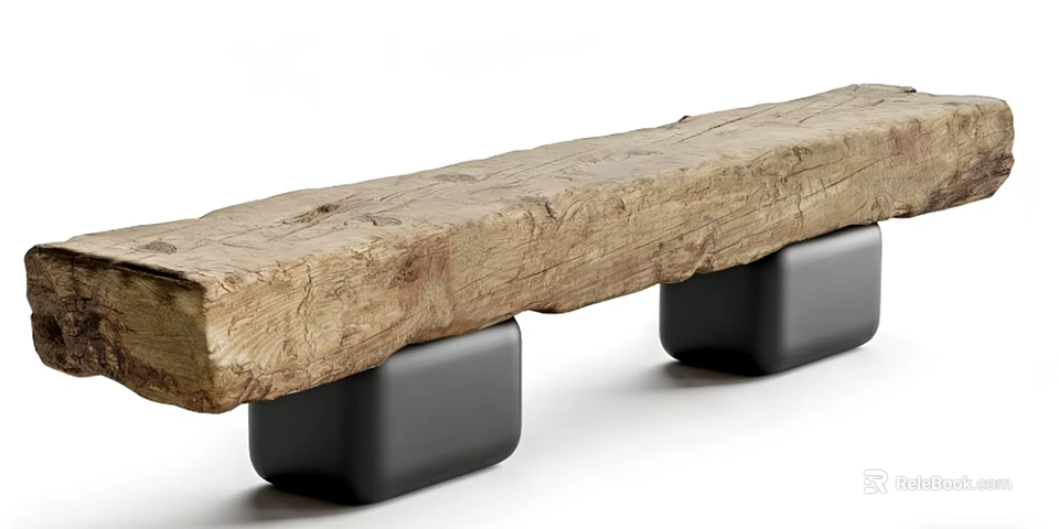 Natural Wood Stool With Rustic Texture And Black Square Modern Legs 3d model 