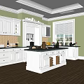 Bright White Kitchen Interior With Central Island Cabinets Wooden Flooring And Window