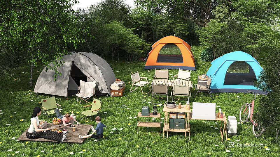 Outdoor Garden Landscape With Multiple Tents Green Grass Tables Chairs And Picnic Setup 3d model 