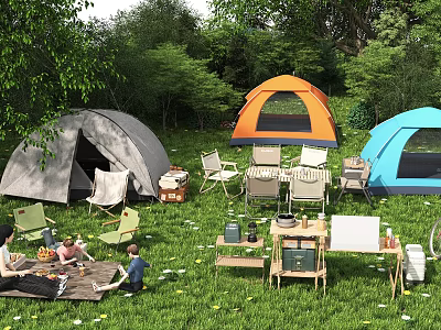 Outdoor Garden Landscape With Multiple Tents Green Grass Tables Chairs And Picnic Setup 3d model