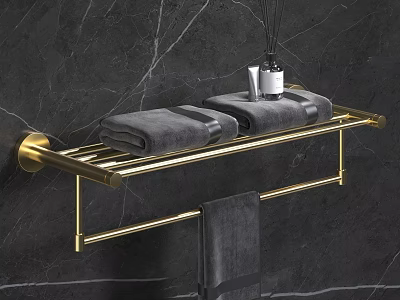 Gold Wall Mounted Towel Rack With Gray Towels On Dark Marble Wall 3d model
