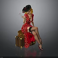 Woman Sitting On Brown Suitcase In Red Polka Dot Dress With Black Hat Holding Cigarette