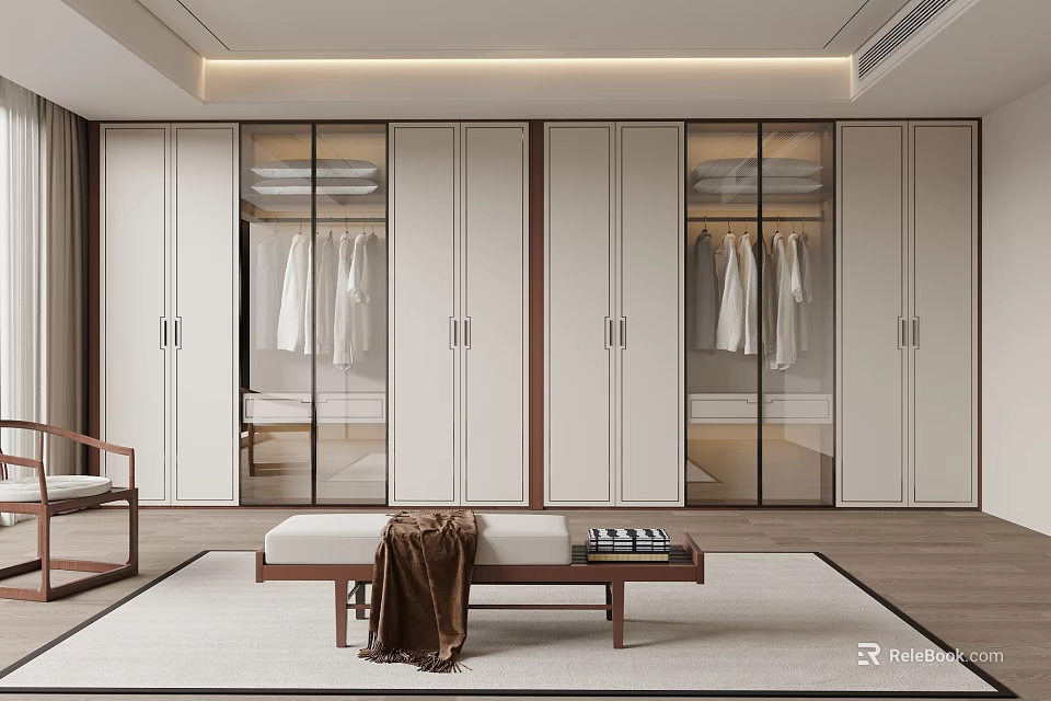 Modern Wardrobe Interior With Glass Doors Wooden Frame And Hanging Clothes Design 3d model 