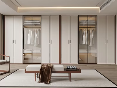 Modern Wardrobe Interior With Glass Doors Wooden Frame And Hanging Clothes Design 3d model