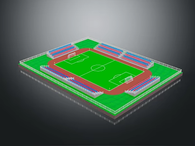 Modern Football Stadium With Green Grass Pitch Red Running Track And Blue Seats 3d model