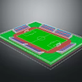 Modern Football Stadium With Green Grass Pitch Red Running Track And Blue Seats